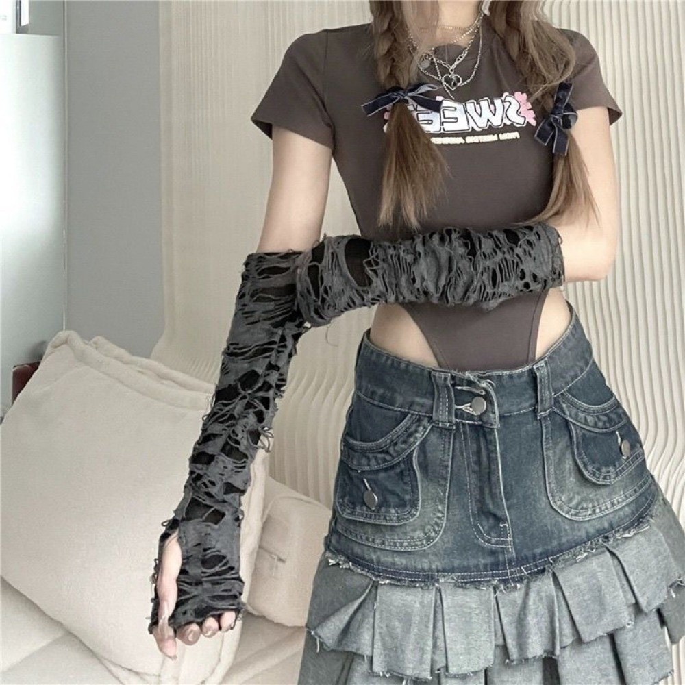 Fingerless Glove Knit - Long Punk Gloves Distressed Style Dark